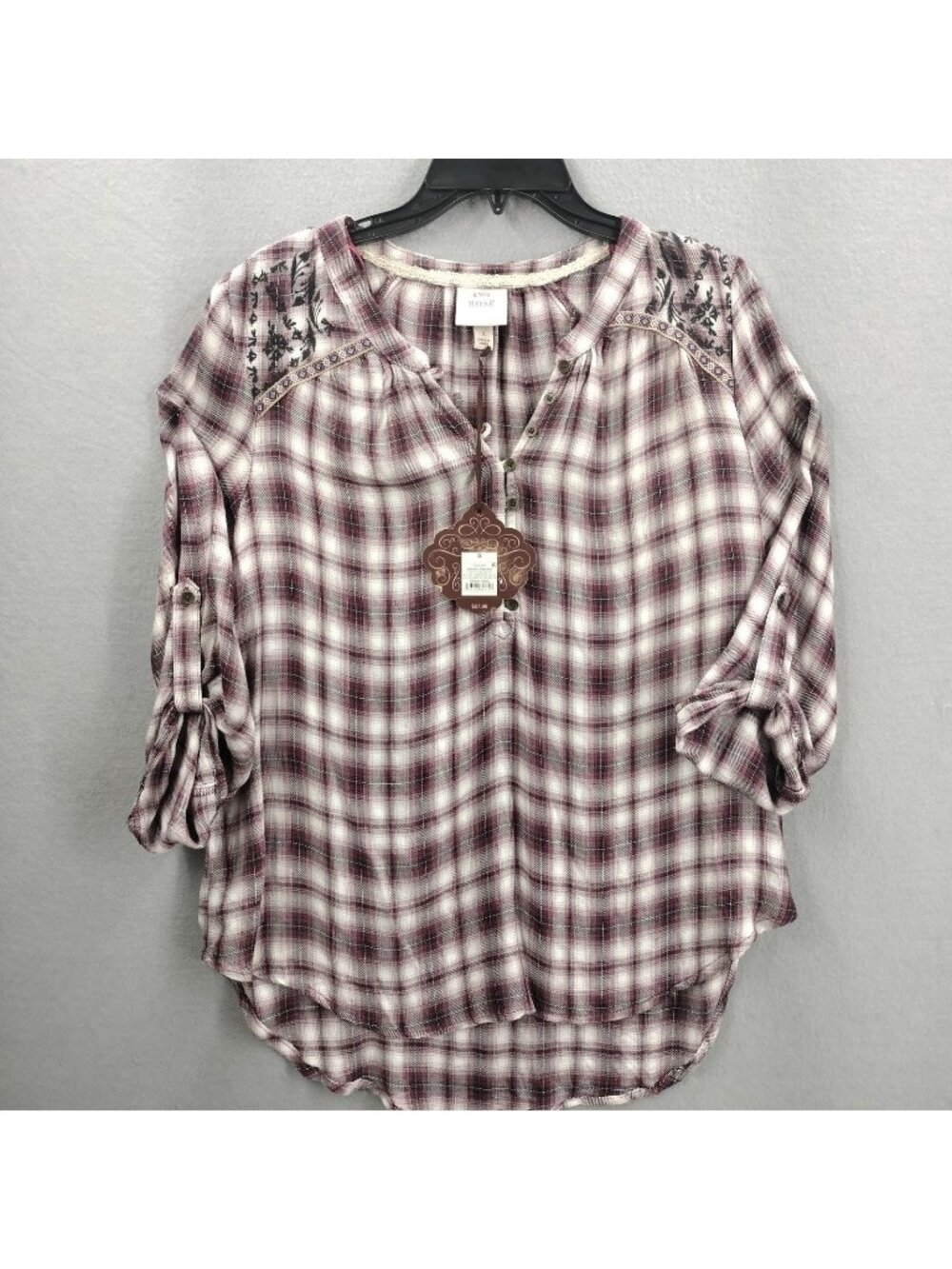 Knox Rose Tunic Top Size S Burgundy Plaid Embroidered Roll Tab Sleeve Boho NWT